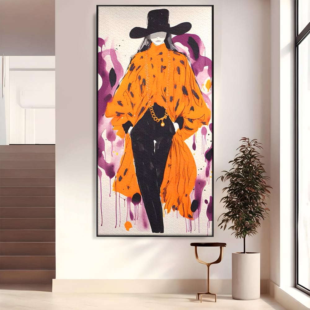 Tablou canvas cu ilustratie fashion cu femeie in costum portocaliu, in rama de aluminiu negru
